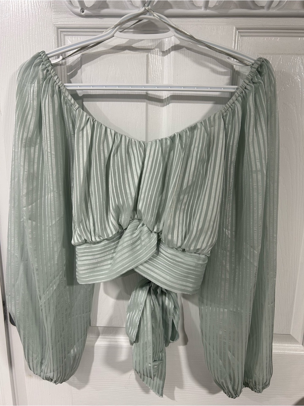 Japna Sage Green Off-Shoulder Tie-Front Crop Top